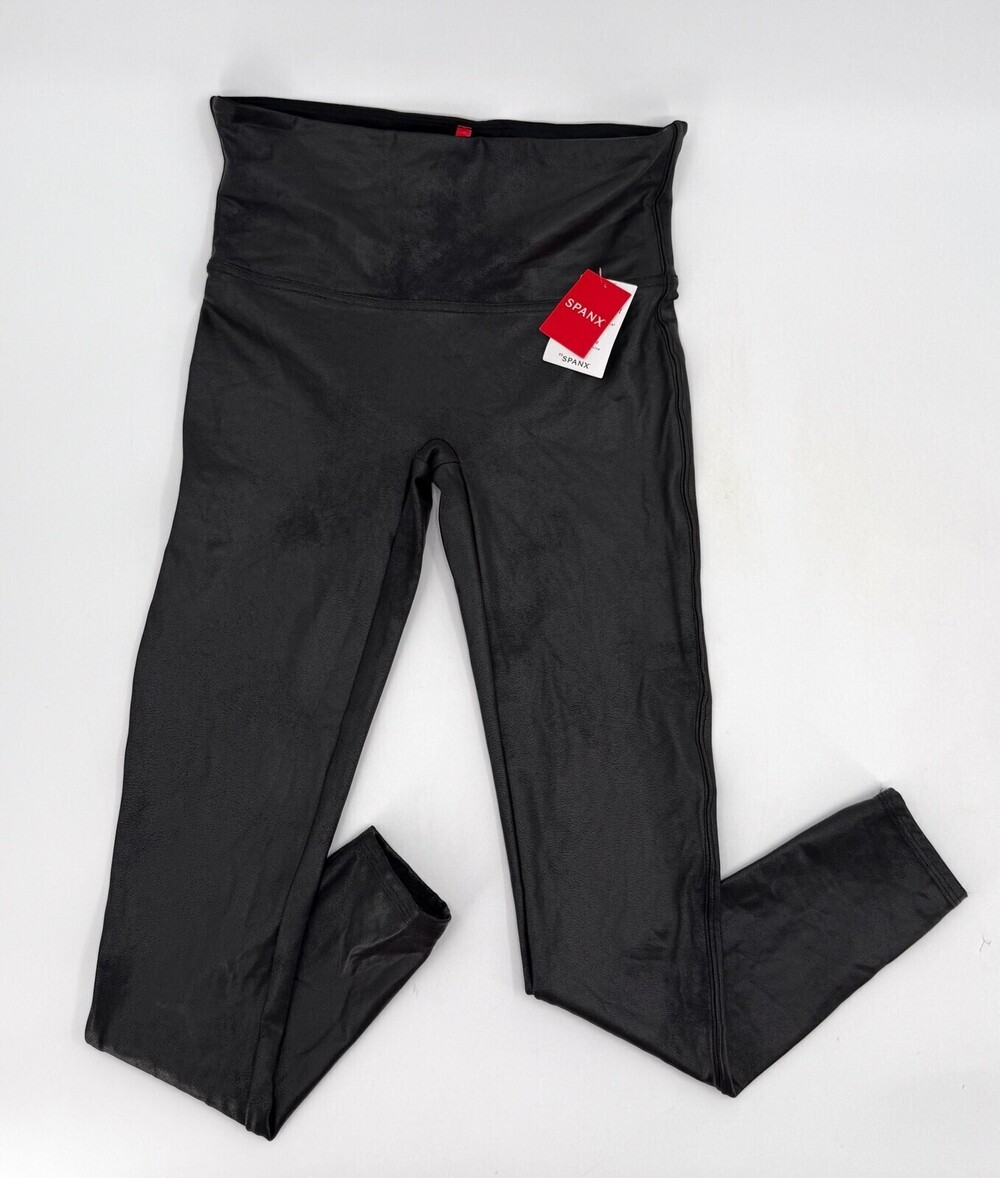 New Spanx Faux Leather Leggings Womens Large Black Mid Rise Slimming Pants